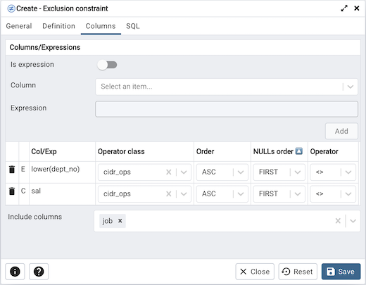 Exclusion constraint dialog columns tab