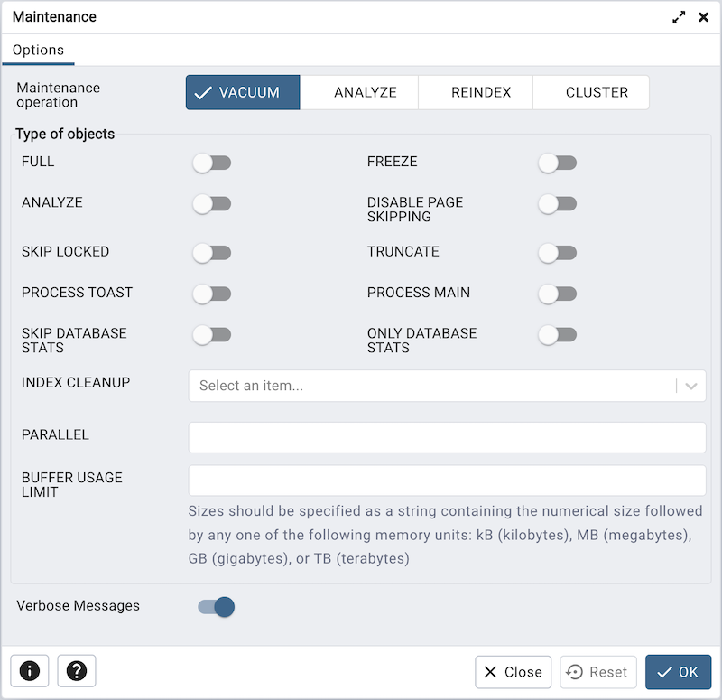 Maintenance dialog