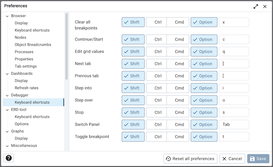 Preferences dialog debugger keyboard shortcuts section