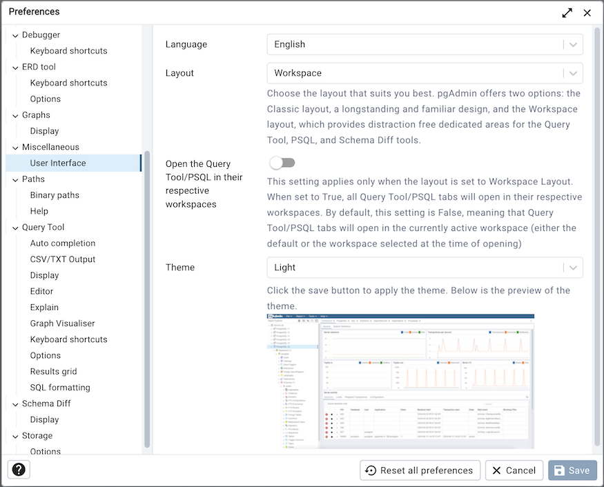 Preferences dialog user interface section