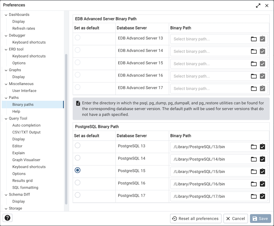 Preferences dialog binary path section