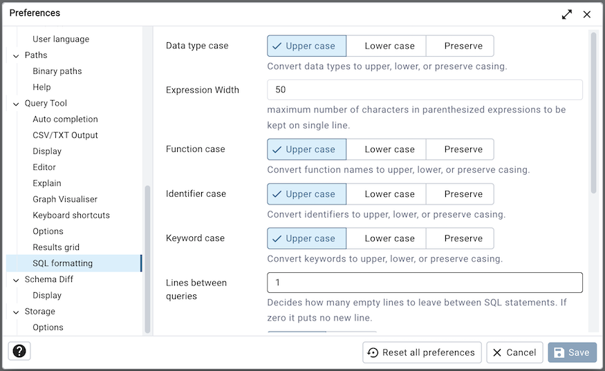 Preferences dialog SQL Formatting section