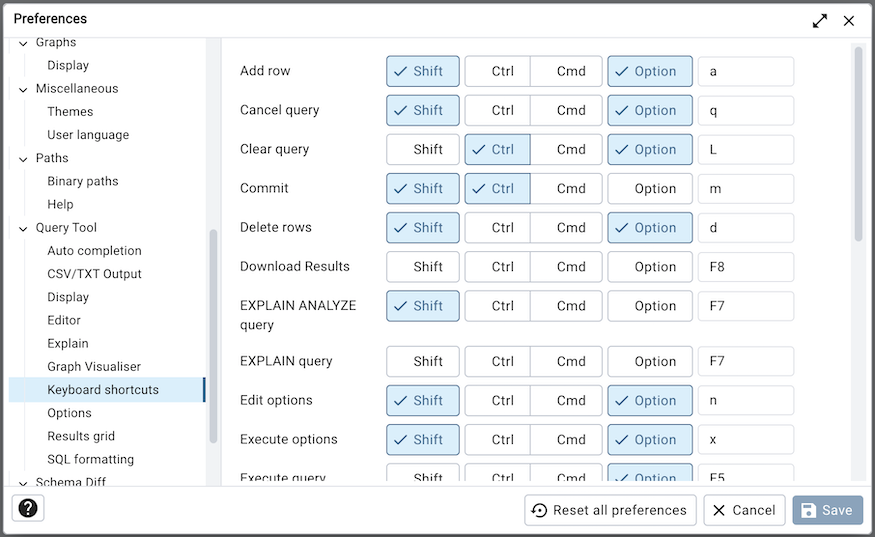 Preferences dialog sql keyboard shortcuts section