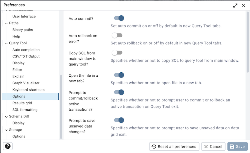 Preferences dialog sqleditor options section