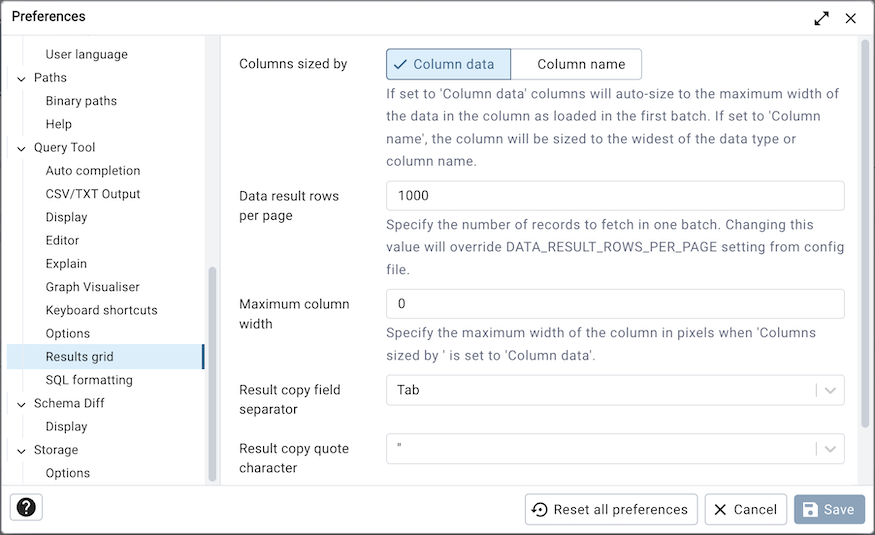 Preferences dialog sql results grid section