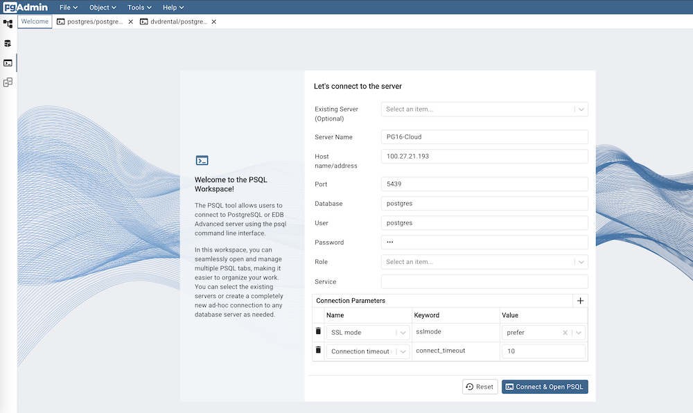 PSQL tool workspace