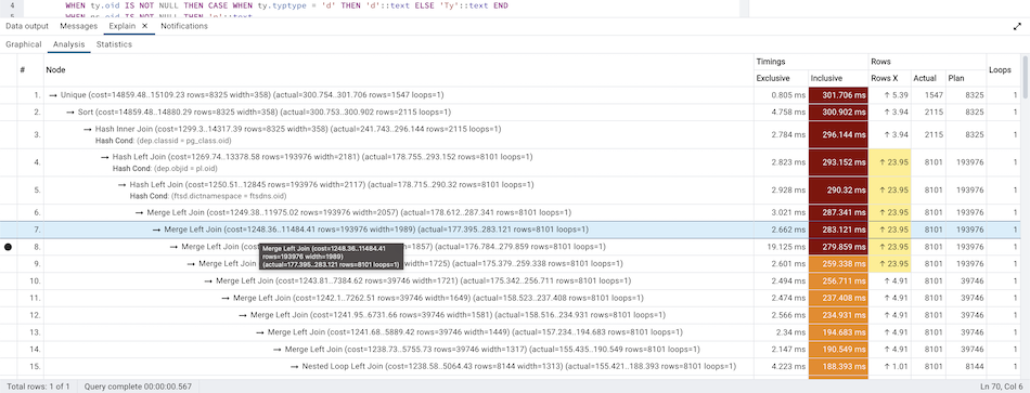 Query tool explain plan table