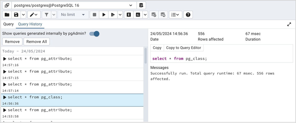 Query tool history panel