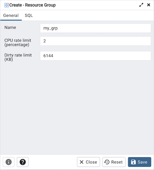 Resource Group dialog general tab