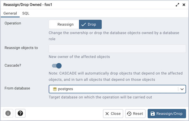 Reassign/Drop Own dialog