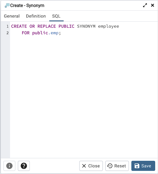 Synonym dialog sql tab