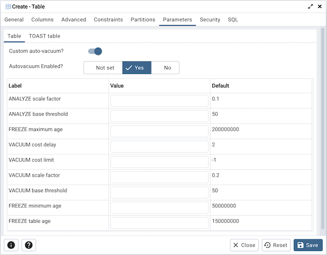 Table dialog parameter tab